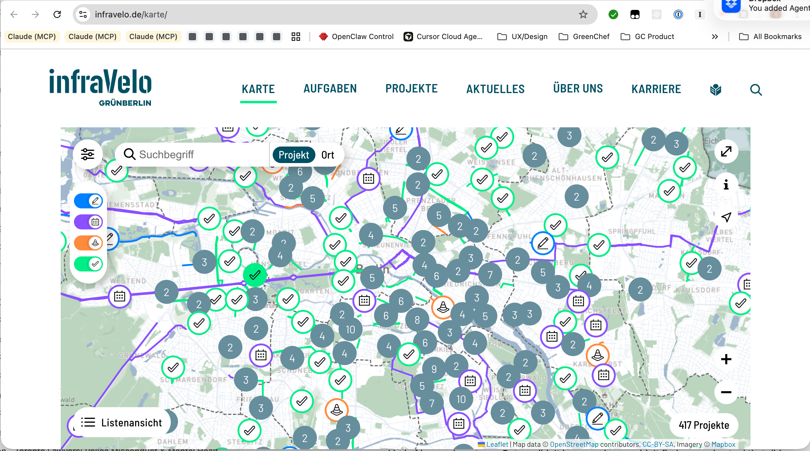 Map of existing, recently built, in-construction, and planned biking improvements across Berlin (Infravelo.de)