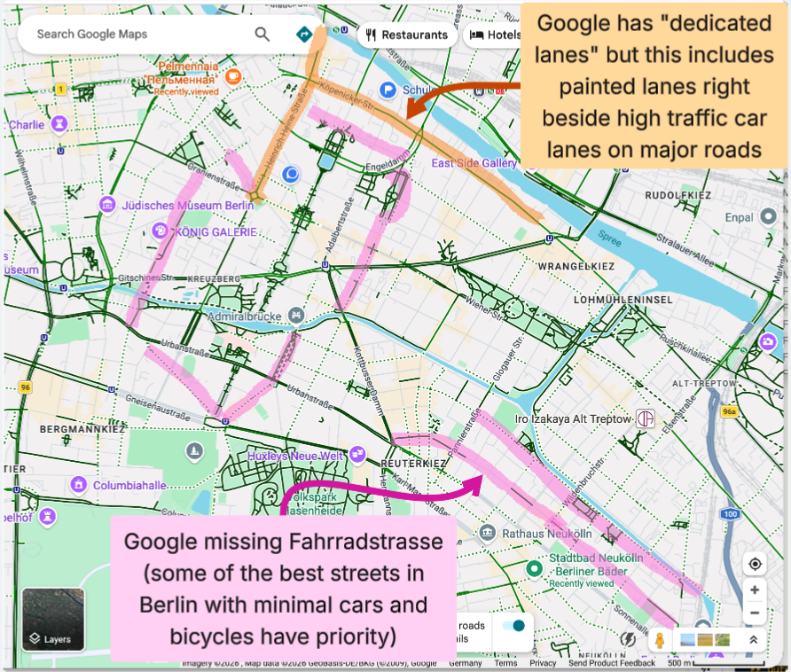 Examples of issues with Google Maps data near our temporary Berlin home (blue dot)