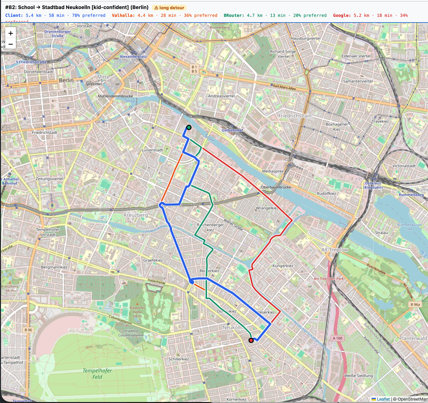 Sample routes from four methods from home to the swimming pool in Neukölln for a “confident kid”.  Prototype route is clearly the best (mainly uses two Fahrradstrasse and is pretty direct)
